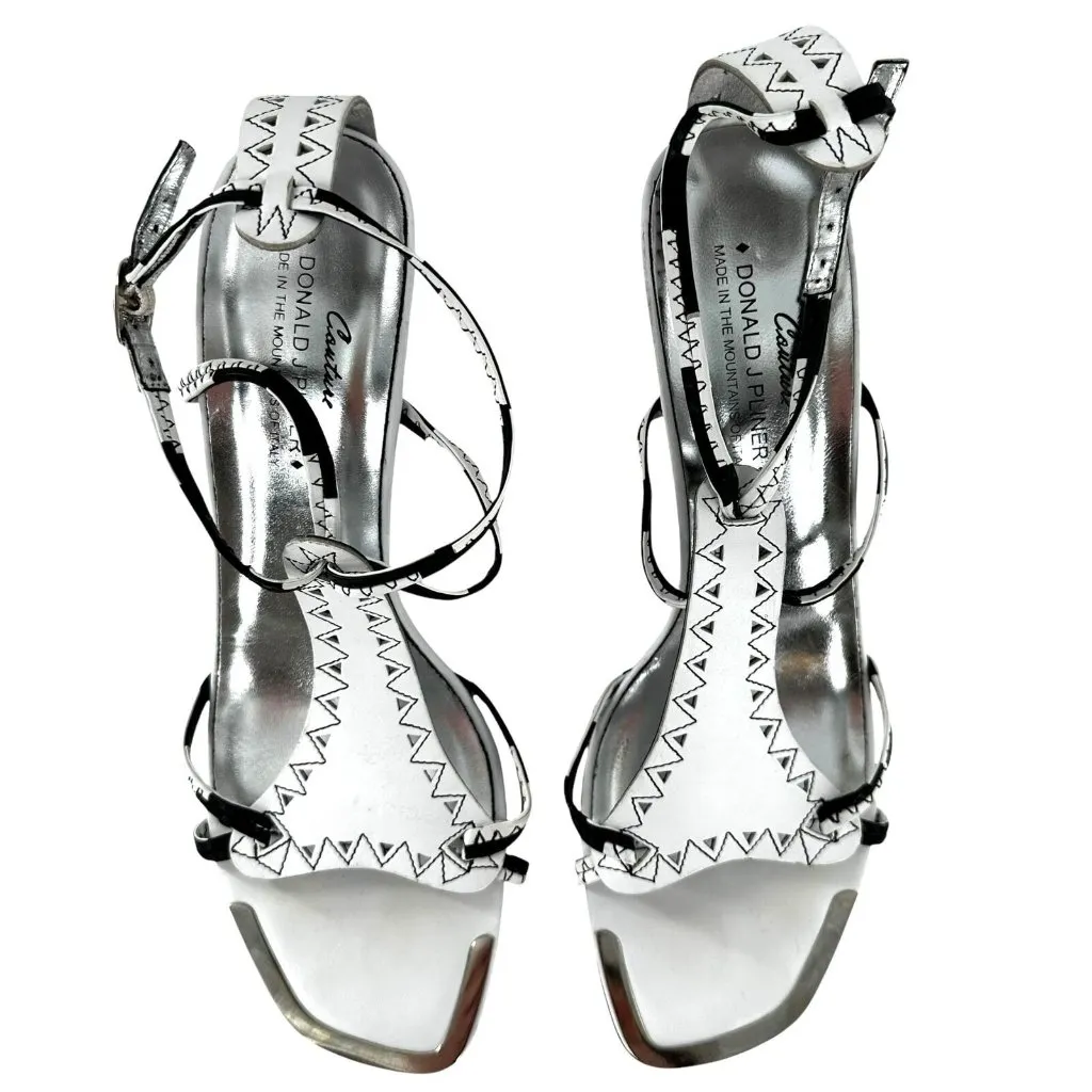 Stuart Weitzman Netta White and Black Leather Cut Out Sandals Heels Size 9 M - Image 6