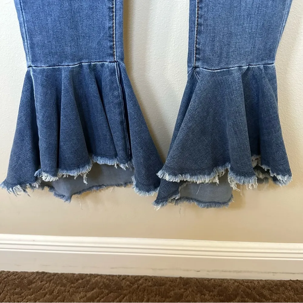 LUXE MODA hippy frayed ruffle bell denim jeans Size 8 EUC Blue - Image 2