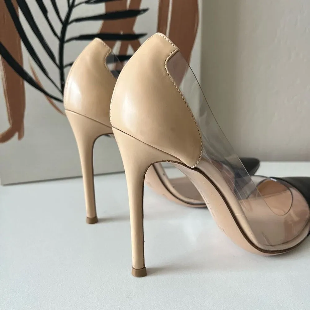 Gianvito Rossi Plexi 105 Black Nude Leather Stiletto‎ Heel PVC Pumps Size 36.5 - Image 4