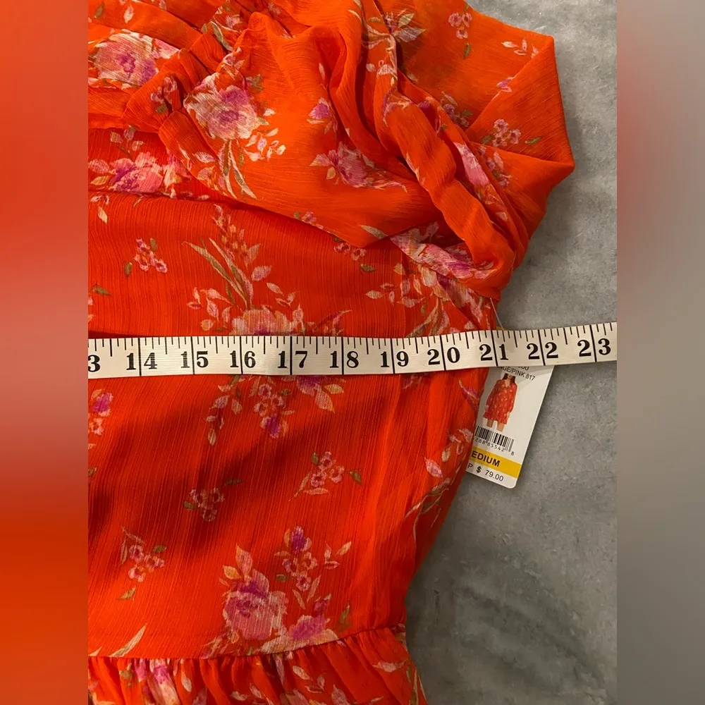 NWT Vince Camuto Size M Orange Floral Ruffle Flowy Long Sleeve Sheer Mini Dress - Image 7