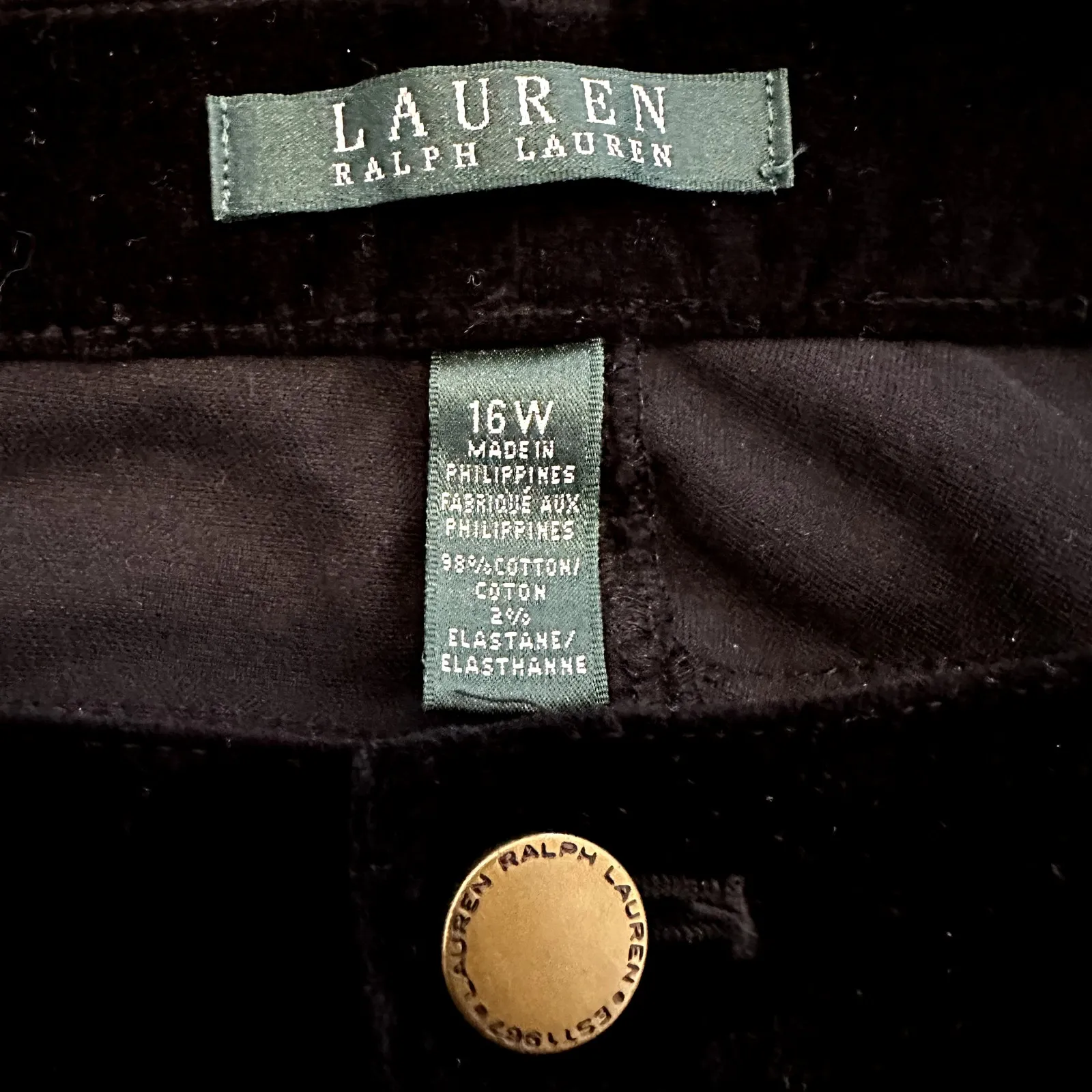 Lauren Ralph Lauren Velvet Pants High Rise Flat Front Zipper Fly Black 16W - Image 2