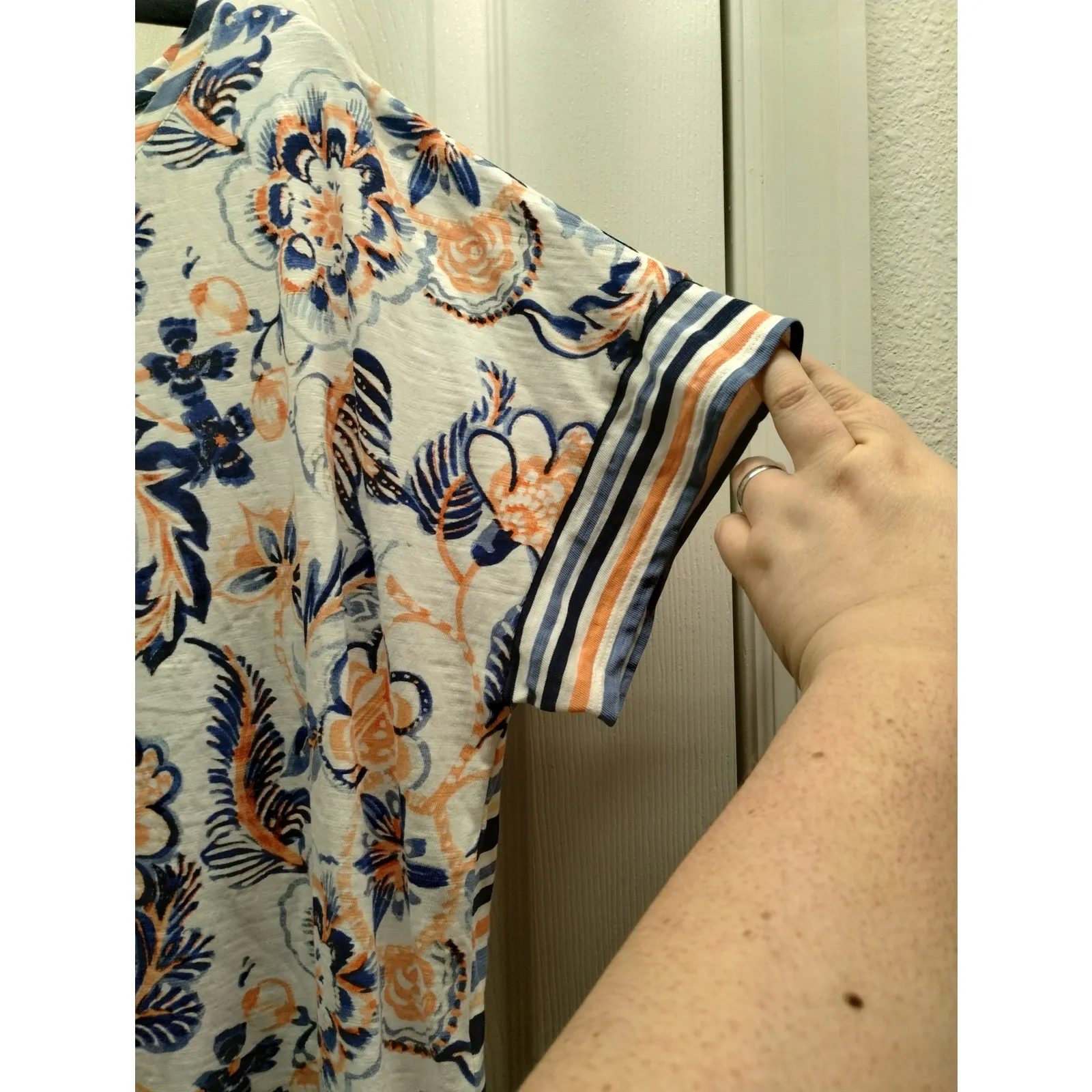 Chico's Size XL (3) Peach Blue Floral Striped Bateau Boat Neck Slub Cotton Tee - Image 5