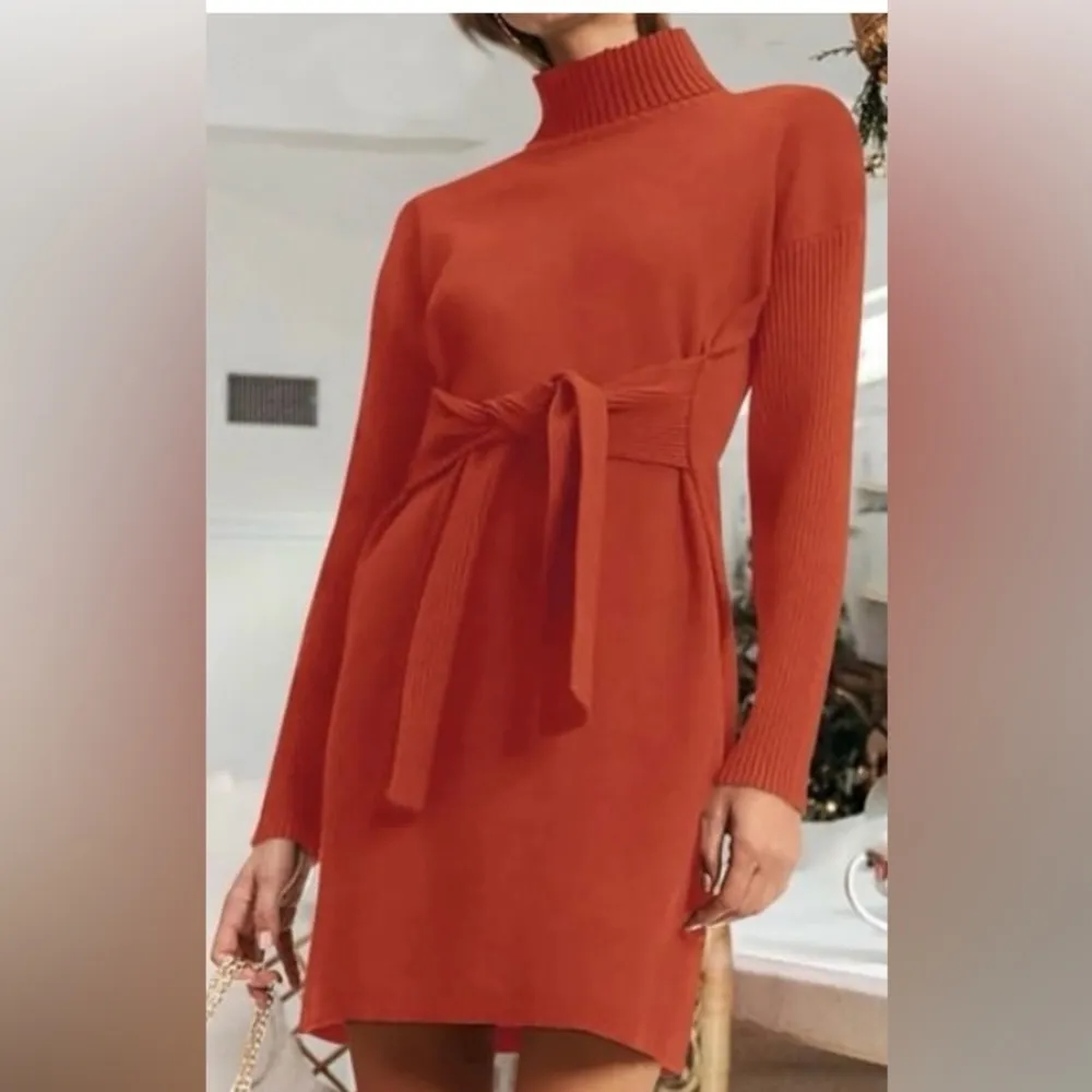 Fashion Long Sleeve Ribbed Knit Tie Waist Turtleneck Mini Sweater Dress NWT Orange Size XL - Image 3