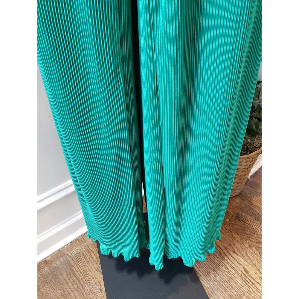 Women's Green Pleated Lounge Set XL Collared Button Top Wide Leg Pants 2 - Image 4
