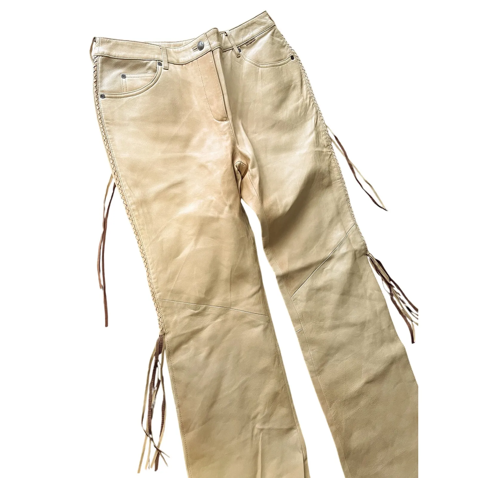 Vintage Harley Davidson Leather Fringe Pants Tan Moto Y2K Women's Size 40/12 - Image 2
