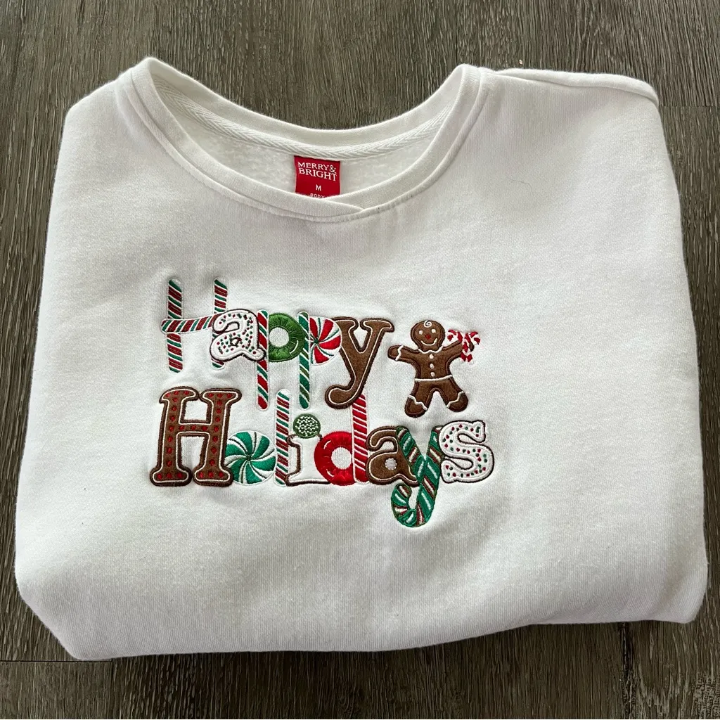 Merry & Bright White Crewneck “Happy Holidays” Embroidered Sweatshirt Women’s S - Image 2