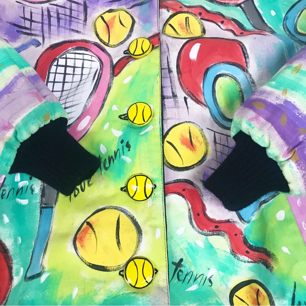 VINTAGE Hand Painted Bomber Jacket Tennis Wearable Art‎ Artsy 80s 90s Size Small Green - Image 9