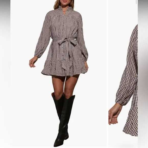 VICI Sweet‎ Autumn Plaid Belted Long Sleeve Mini ShirtDress Brown & Cream Large - Image 9