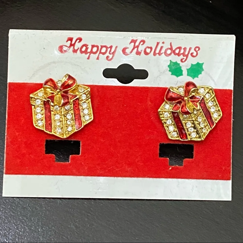 Vintage Happy Holidays Christmas Present Gift Earrings & Candy Cane Brooch Set - Image 7