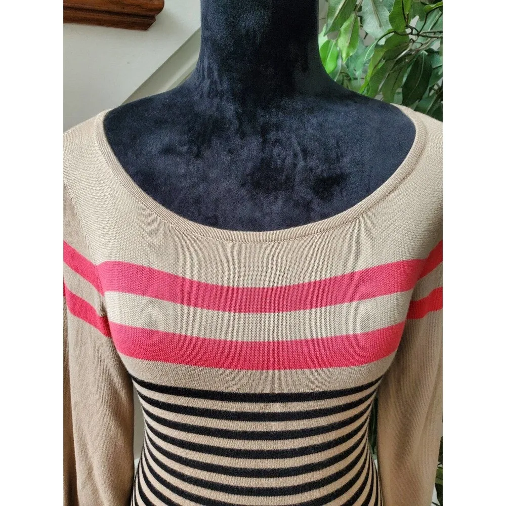 Design History Women Beige Striped Round Neck Long Sleeve Knee Length Dress S - Image 2