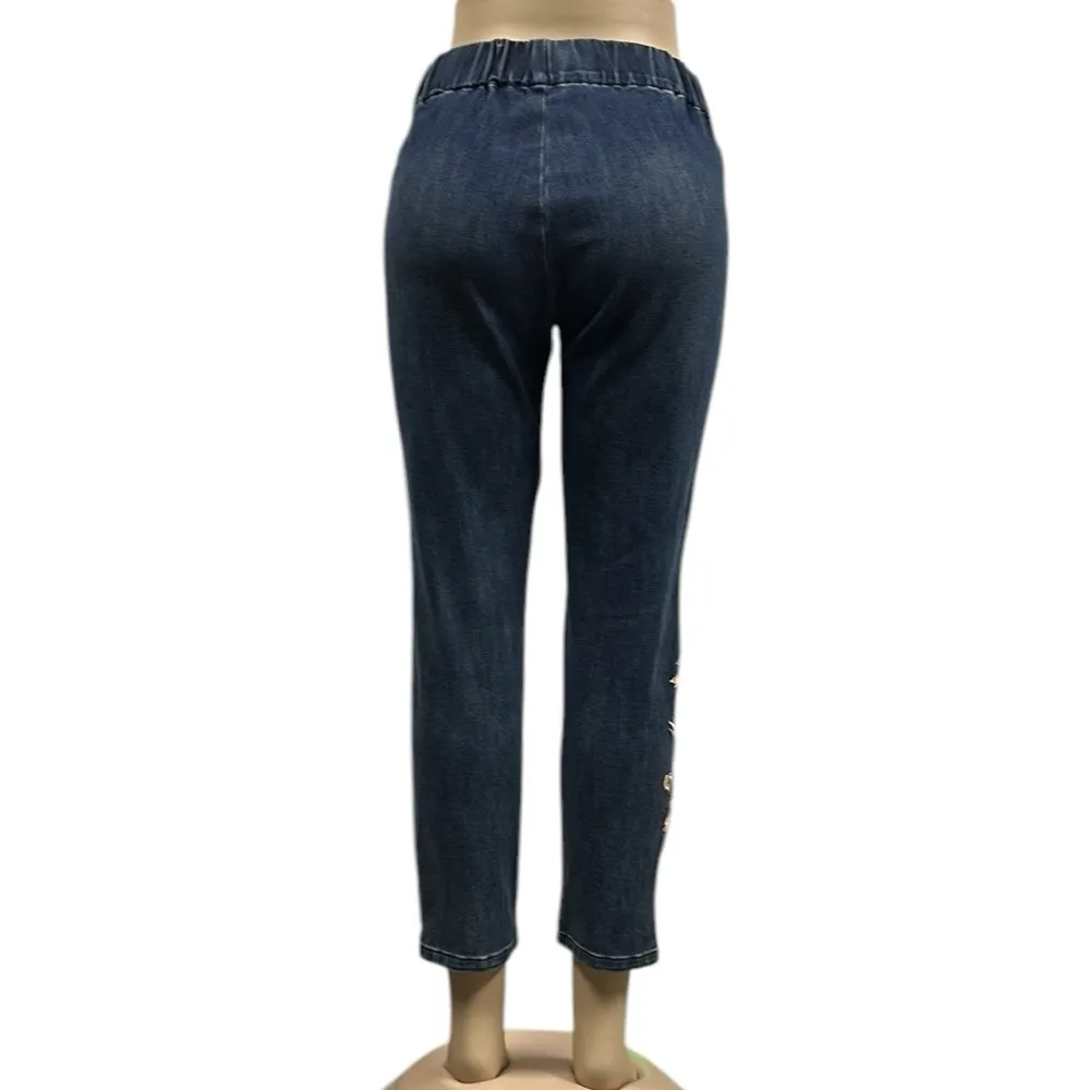 Soft Surroundings Metro Floral Embroidered Pull On Stretch Blue Jeans Petite S - Image 7