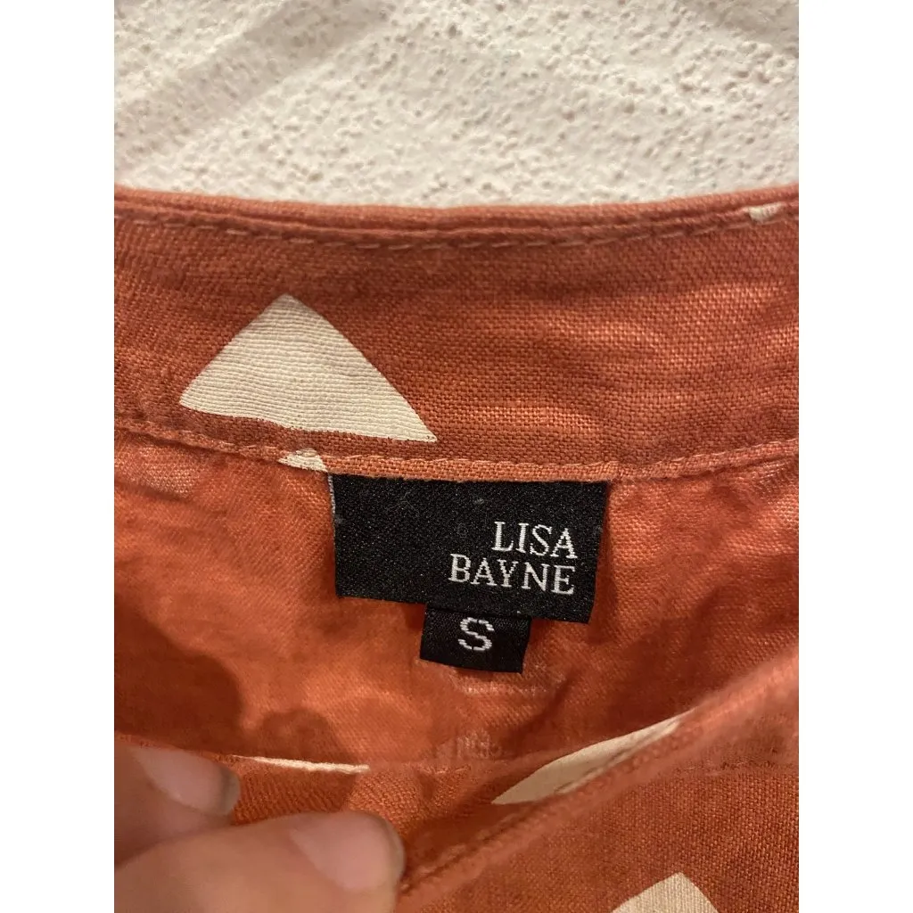 Lisa Bayne Shirt Womens Small Geometric Linen Top Made in USA Pockets Orange - Image 4