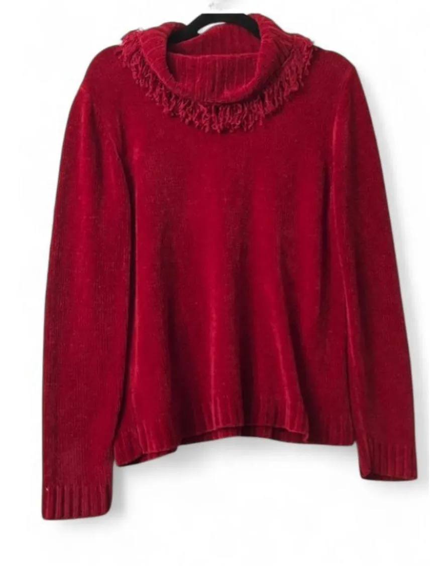 Deep Red Fringe Cowl Neck Sweater Women’s XL Soft Goth Witchy Cabin Core Autumn Red - Image 1