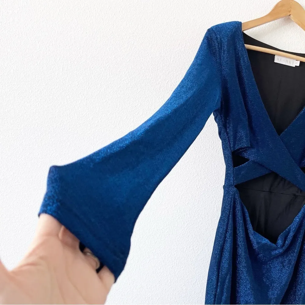 Meshki Blue Glitter Long Sleeve Cut Out Bodycon Mini Dress - Image 4