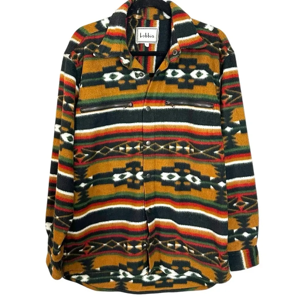 Vintage 90s Southwestern Aztec Shacket Size Large Western Bohemian Snaps Pockets Brown - Image 4