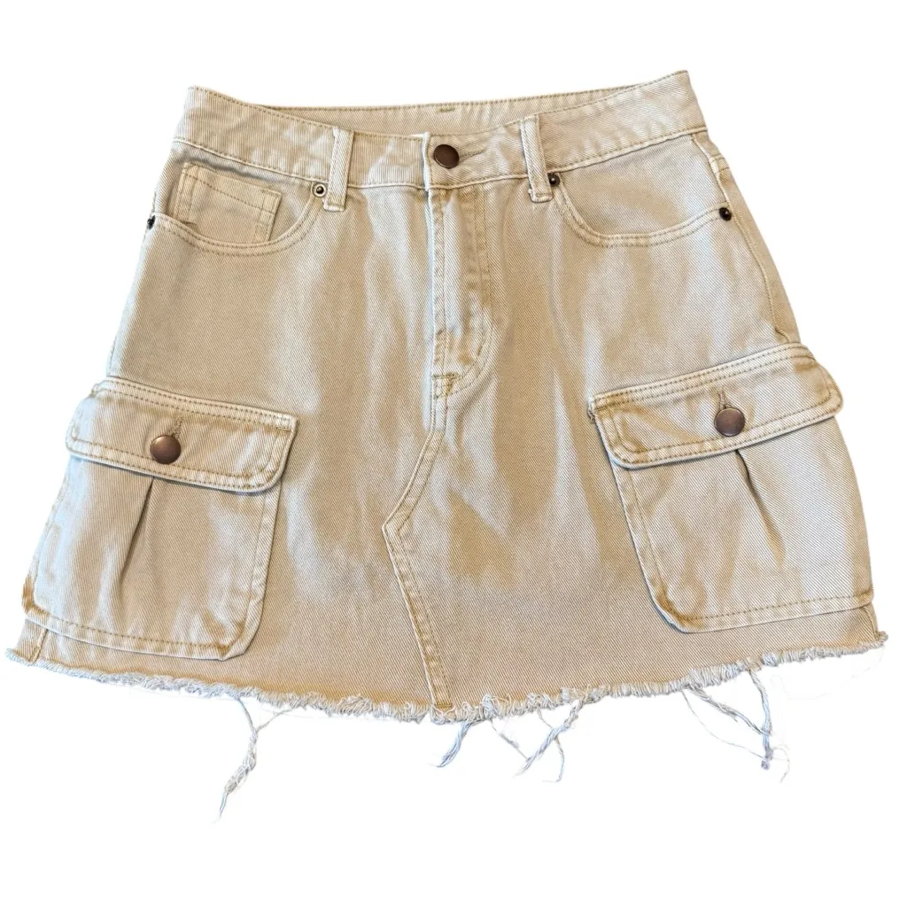 Fray Beige Denim Mini Skirt Cargo Pockets Casual Closet Staple Fringe Size M Tan Size M - Image 2