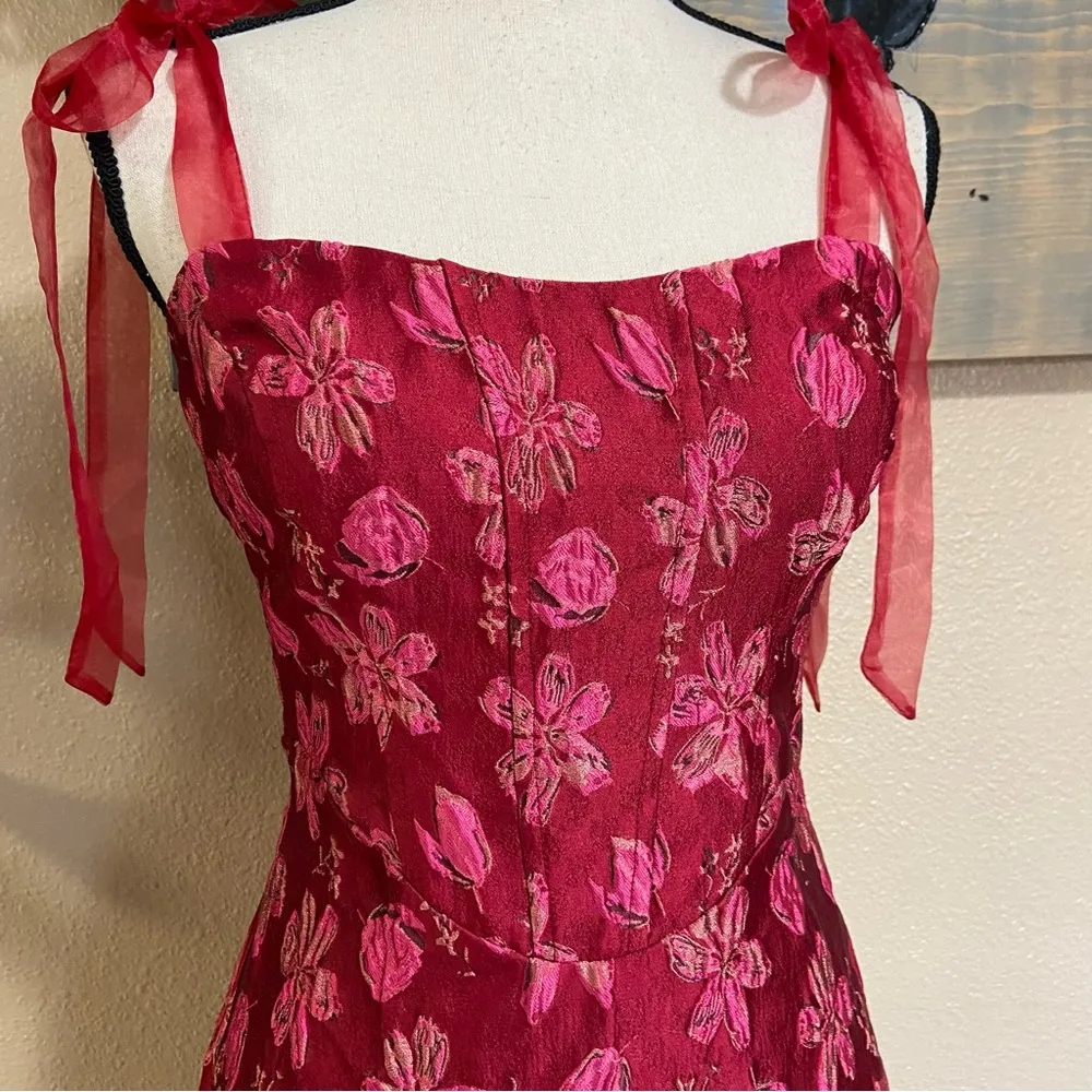 NWOT Lulus Lovely Darling Magenta Floral Jacquard Tie-Strap Midi Dress - Image 6