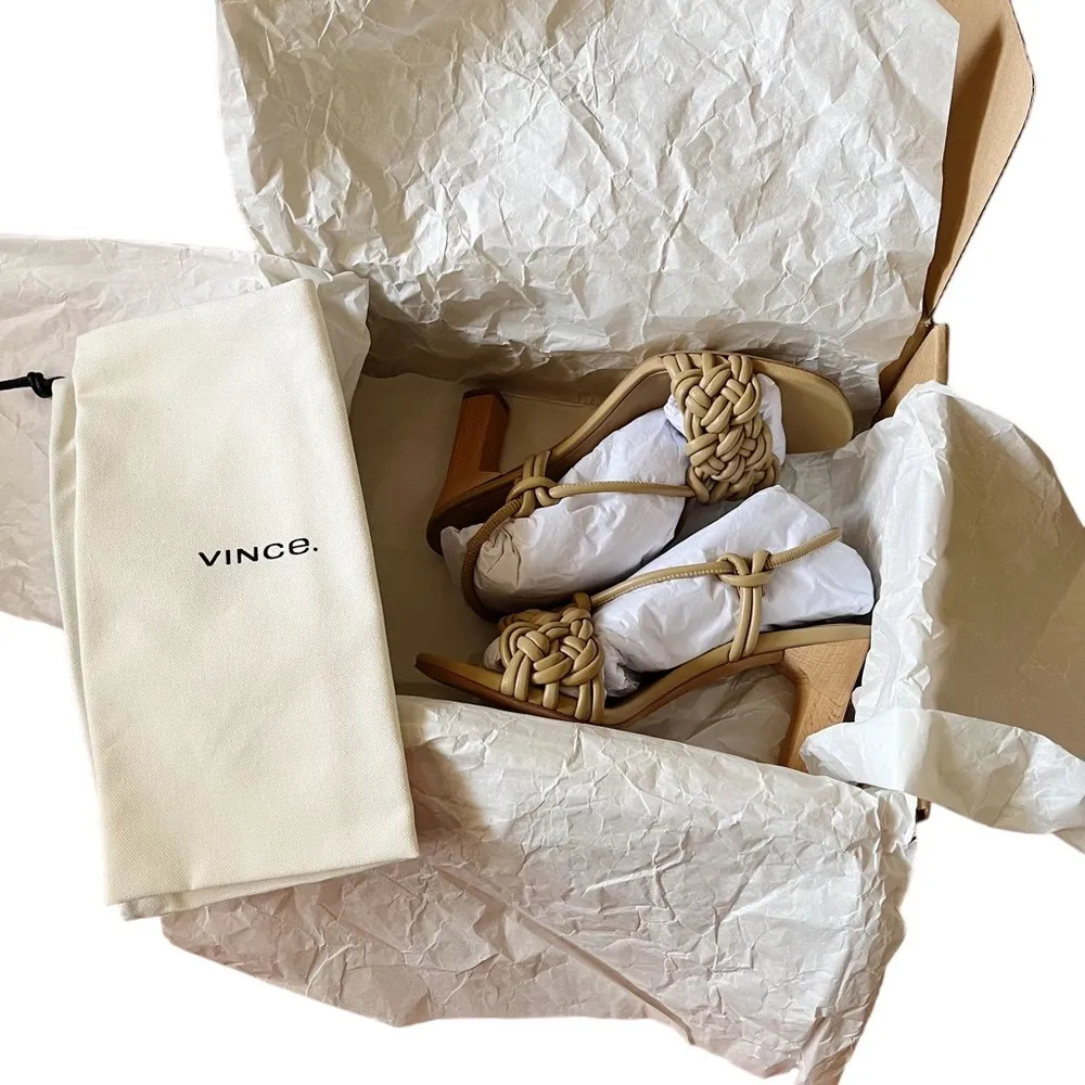 Vince braided leather “Quenelle” slingback heeled strappy sandals in “dune” tan - Image 8