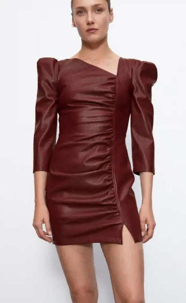 NWT  Faux Leather Maroon Asymmetric Mini Dress - Image 2