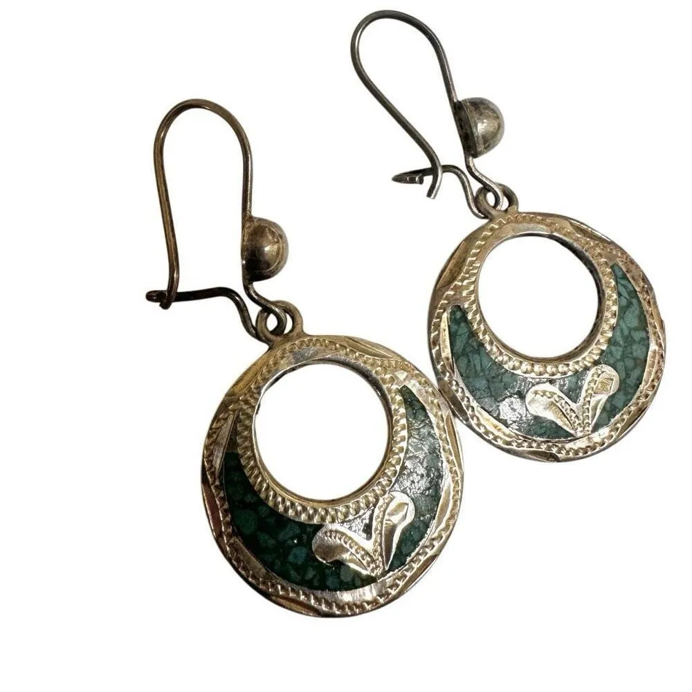 Sterling Silver Mexico Turquoise Chip Inlaid round Earrings Blue - Image 8