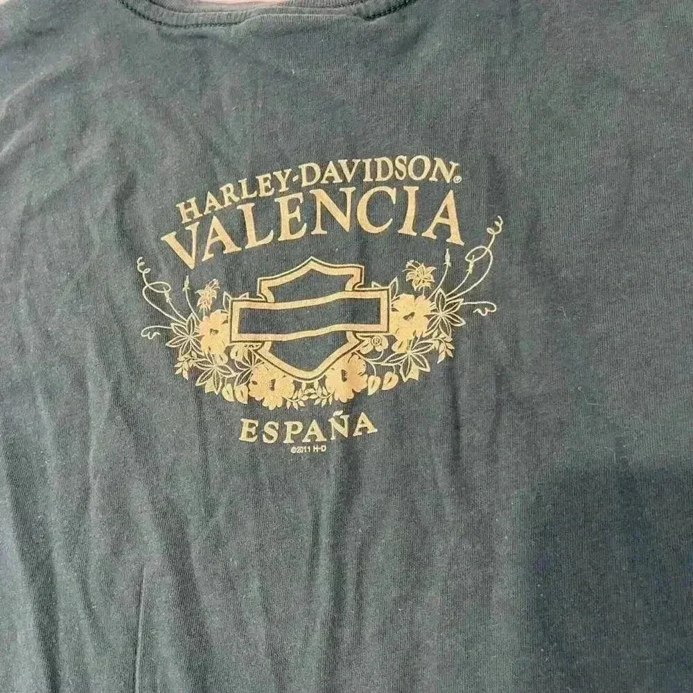 Harley Davidson Motorcycles Gold Graphic T Shirt Valencia Espana Women’s Large Green - Image 5