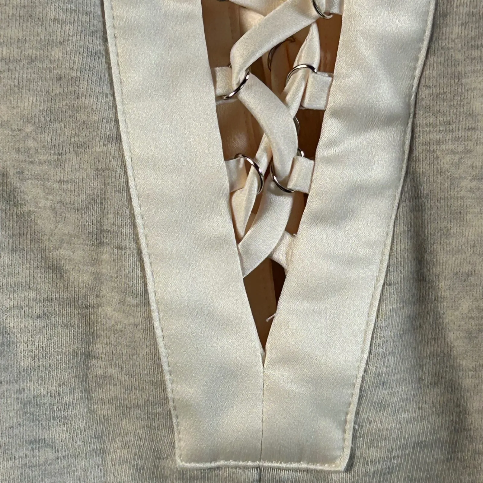 Endless Rose Beige Ribbed Bell Sleeve Lace Up Front Cropped Sweatshirt Top M - Image 4