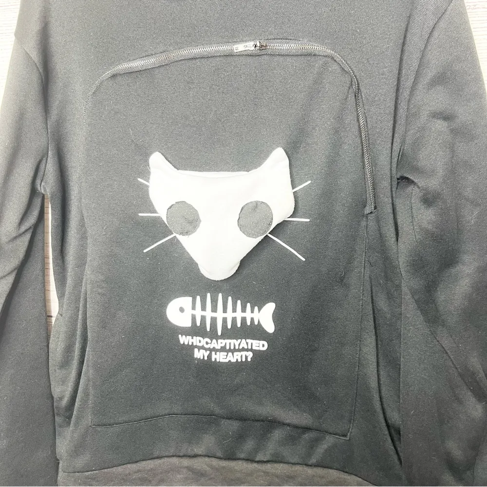 Black Cat Graphic Hoodie Sweatshirt with Cat Carrier Kangaroo Pouch Size XL - Image 7