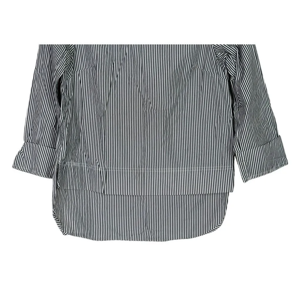 J. Crew Striped Poplin Funnel Neck Blouse Buttons on Left Shoulder 4P Grey White - Image 4