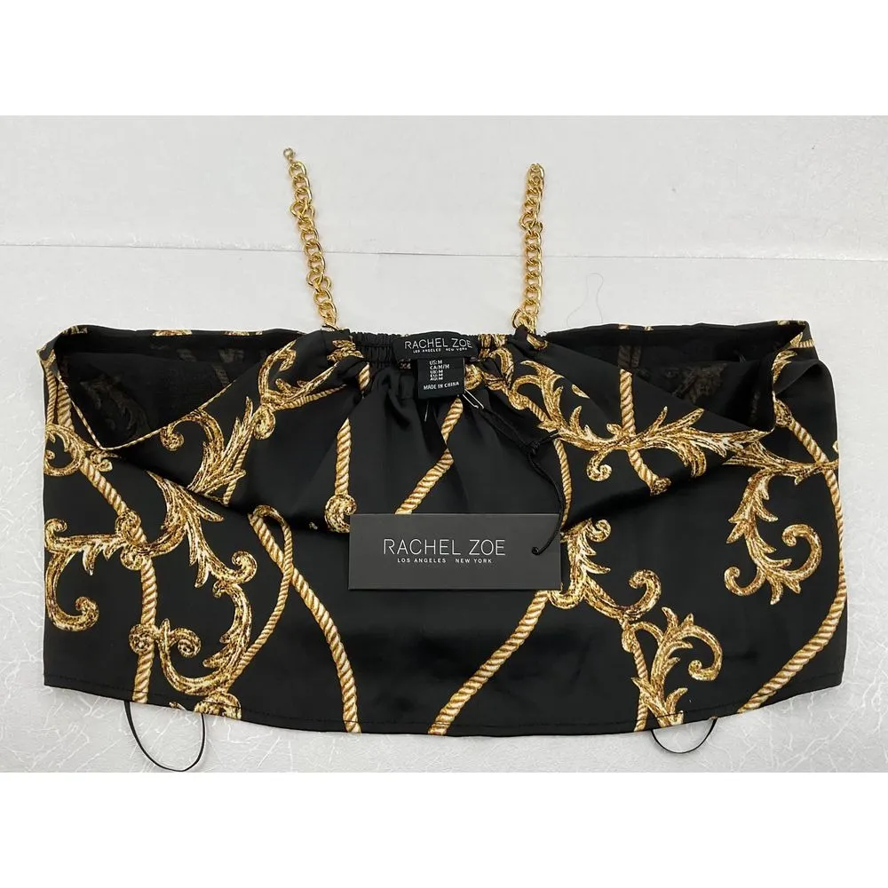 Rachel Zoe Halter Top Chain Strap Baroque Print Party Black Gold Size M #1161‎ - Image 5