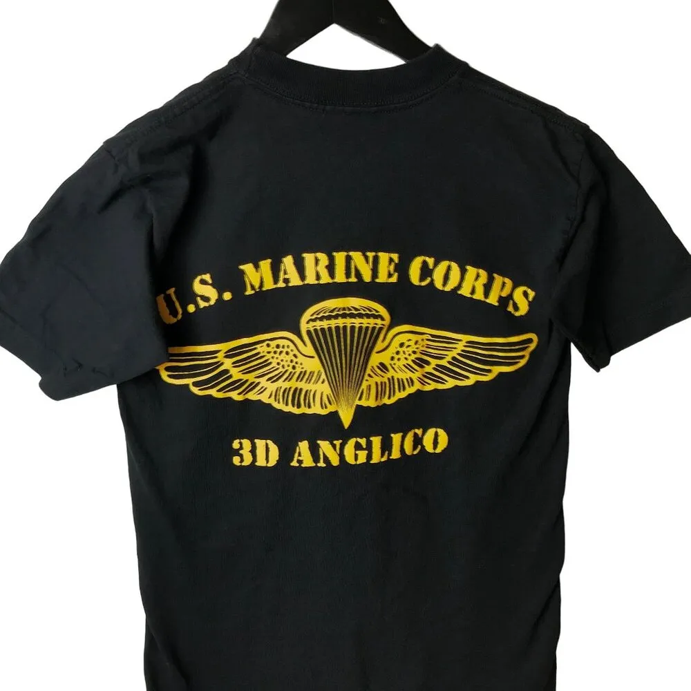 Vintage USMC Military Graphic Tee XS Black 90s 3D Anglico USA Adult Unisex - Image 5