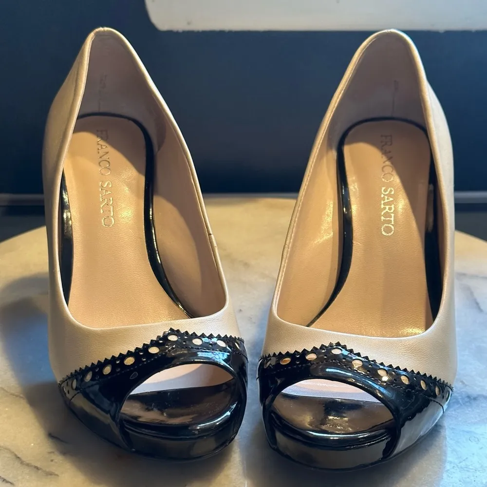 Franco Sarto Black & Cream Peep Toe Cone Thick High Heels SZ 6 Has few f… - Image 2