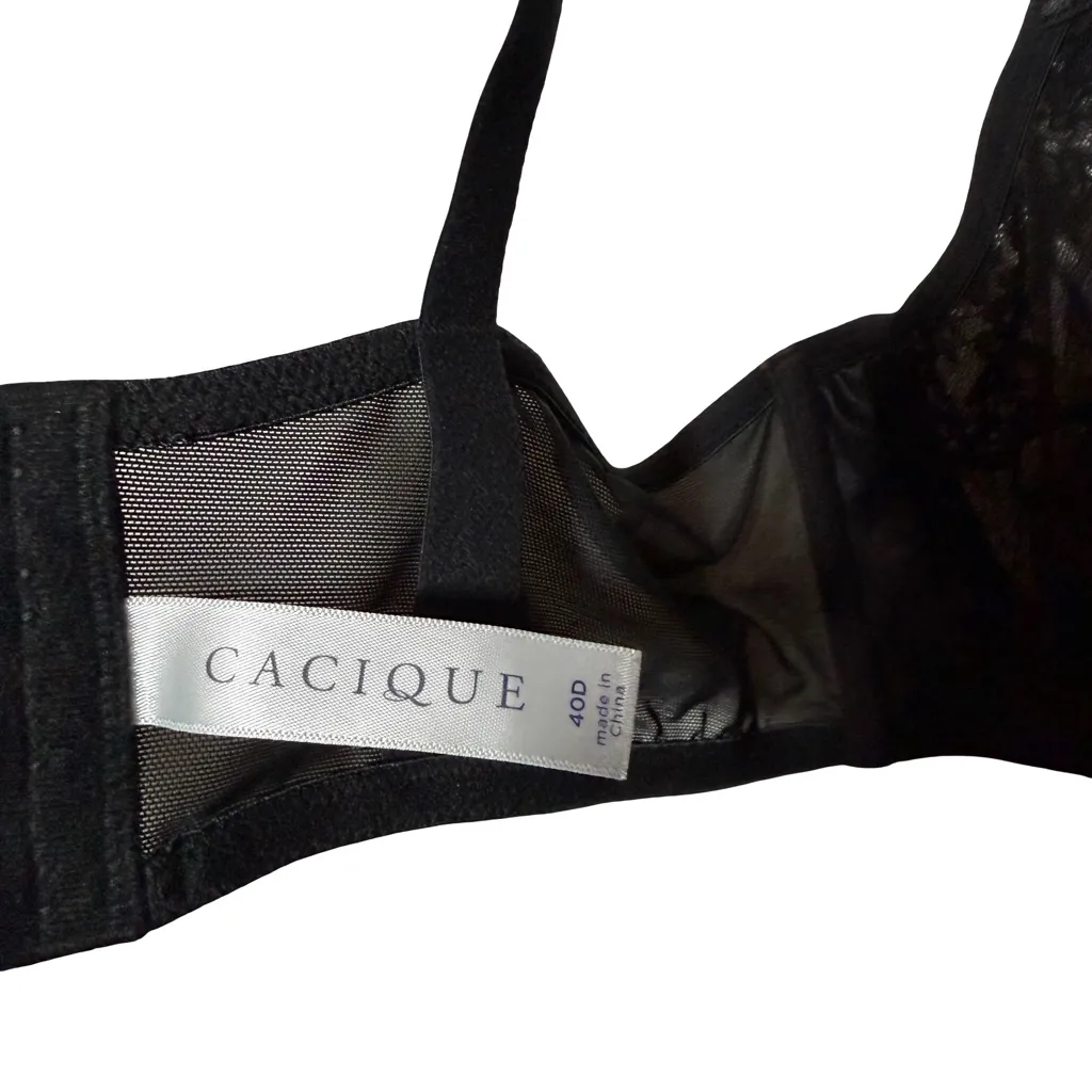 Cacique Unlined Balconette Underwire Bra Black Lace Metallic Silver Sz 40D - Image 5