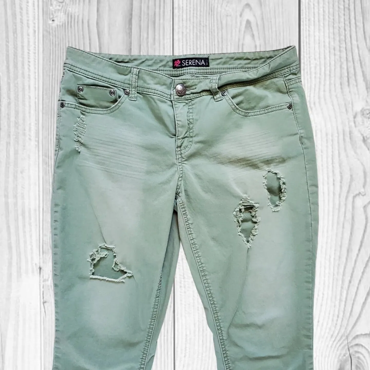 2B Bebe Serena Distressed Skinny Jeans Embellished Pockets Women 34 Green - Image 3