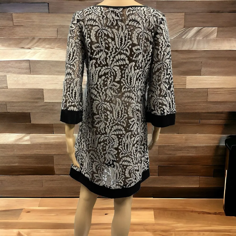 Miilla Lace Semi Sheer 3 Quarter Sleeve Black Tan Coverup Dress Womens Small - Image 7