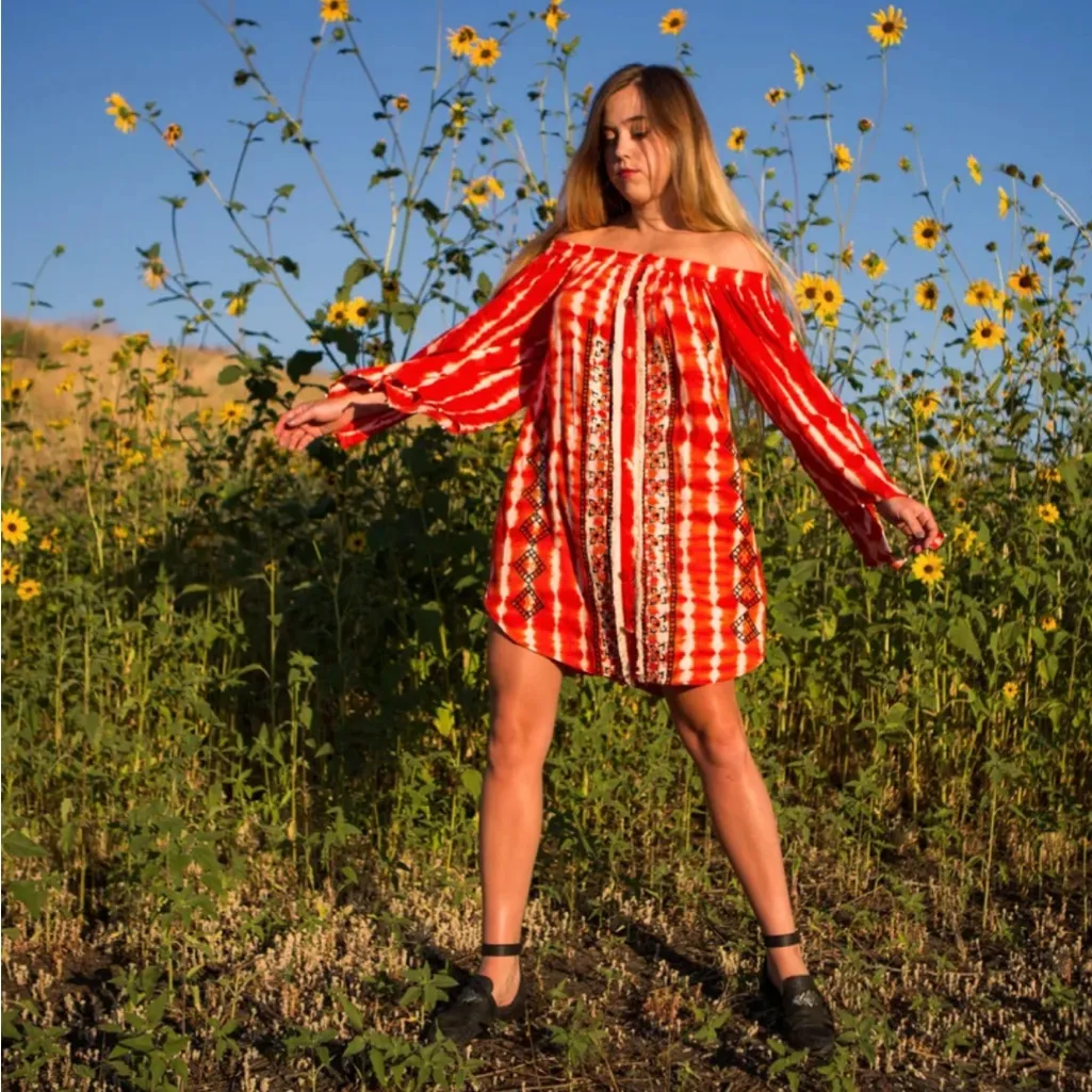 Hemant & Nandita Off Shoulder Embroidered Tie Dye Tunic Dress S Boho Bohemian Red Size XS - Image 10
