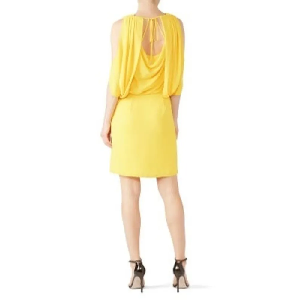 HALSTON HERITAGE Yellow Silky Georgette Cape Sleeve Open Back Mini Dress Size 4 - Image 3