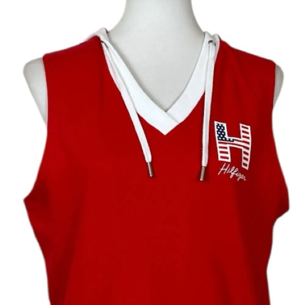 Tommy Hilfiger Hoodie Sweatshirt Sleeveless Red White Flag Women’s Size Large - Image 5