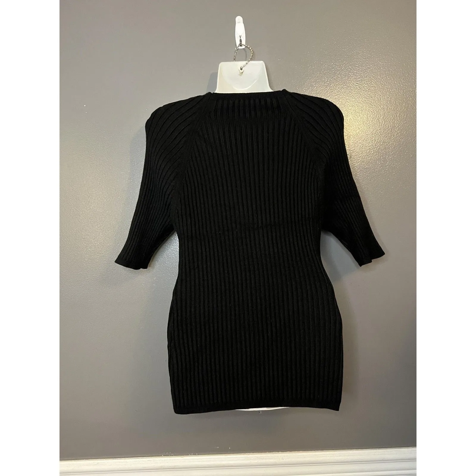 White House Black Market Sweater Womens Large Black Ribbed Cutout Short Sleeve - Image 4