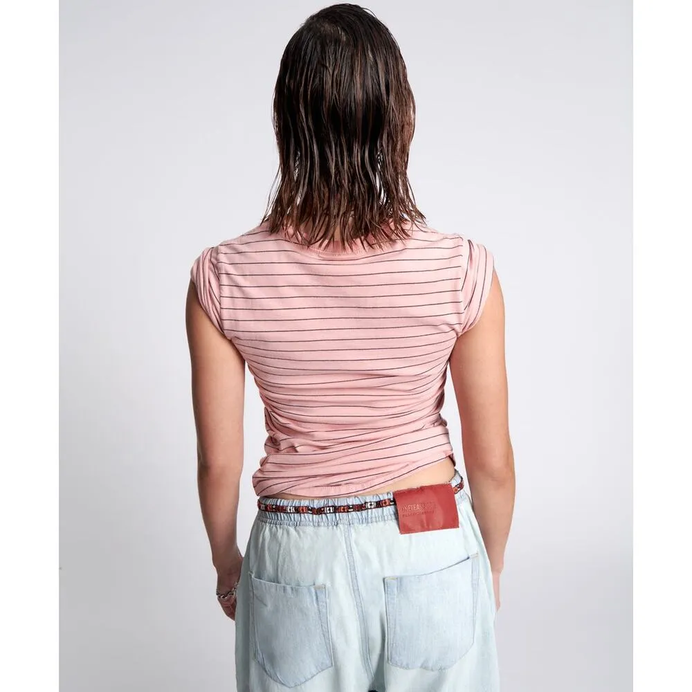 ONE TEASPOON Pink Striped Bower Bird Embroidered Logo Fitted T-Shirt NWT Size M - Image 2