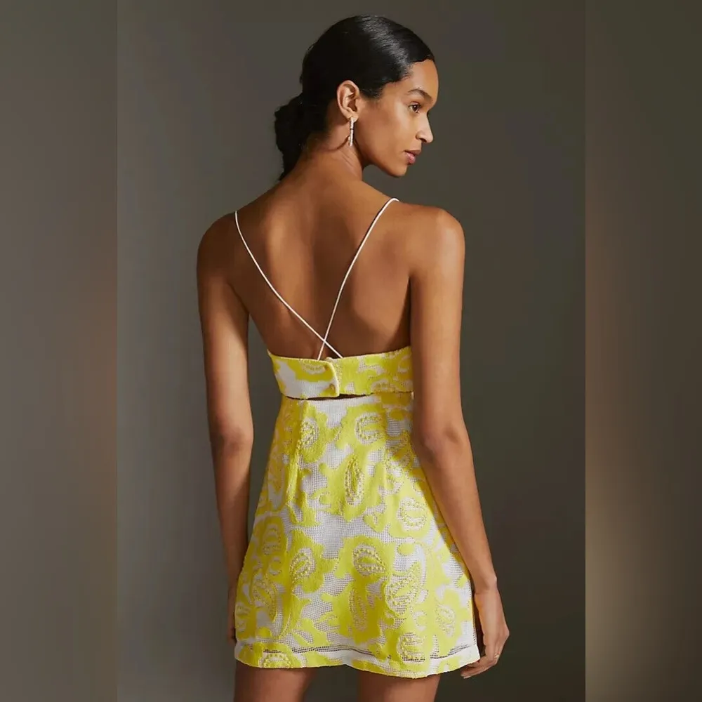 Maeve by Anthropologie Strappy Lace Mini Dress Sz 8 Yellow White Floral - Image 3