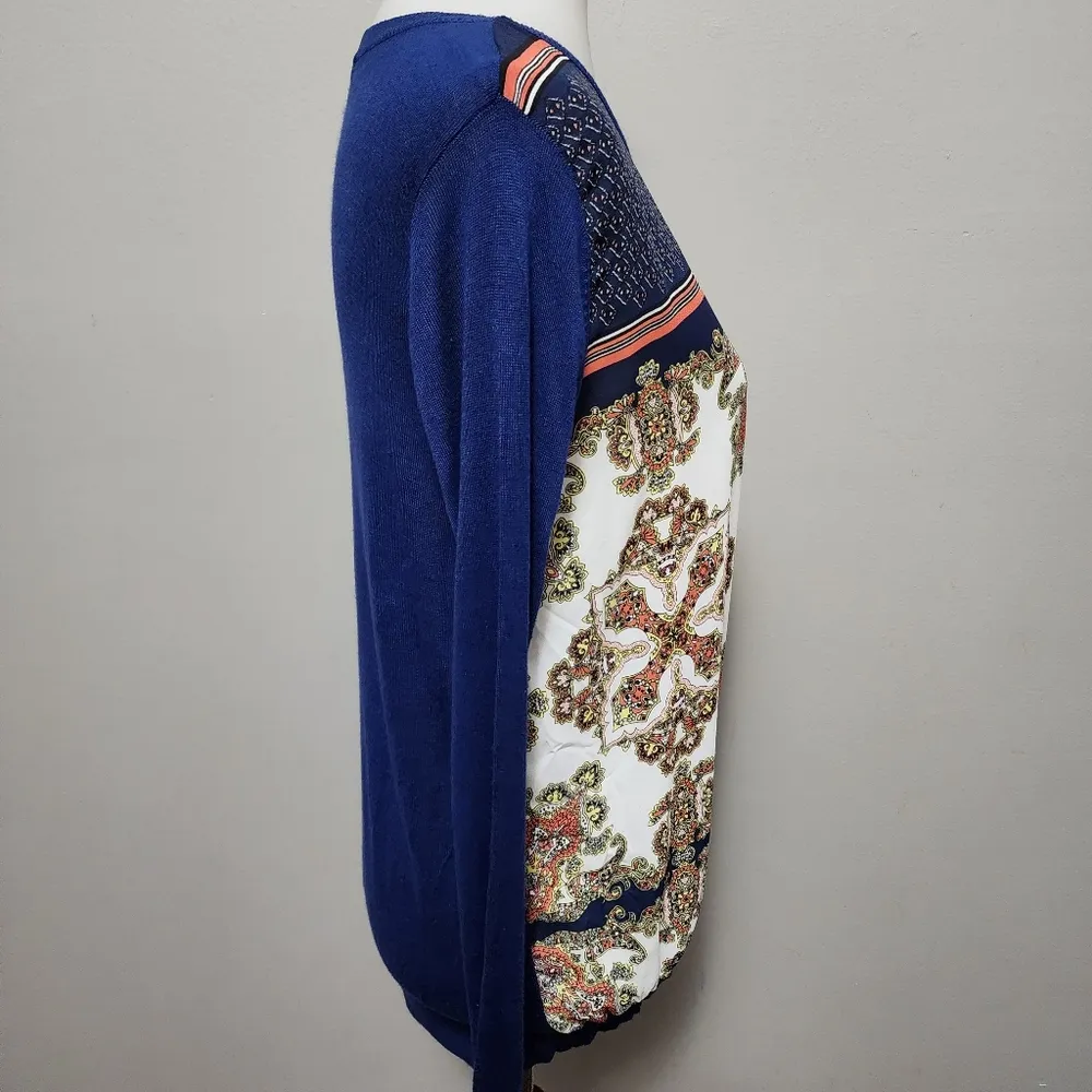 41 Hawthorn Zappos blue printed mixed media sweater size large - Image 4