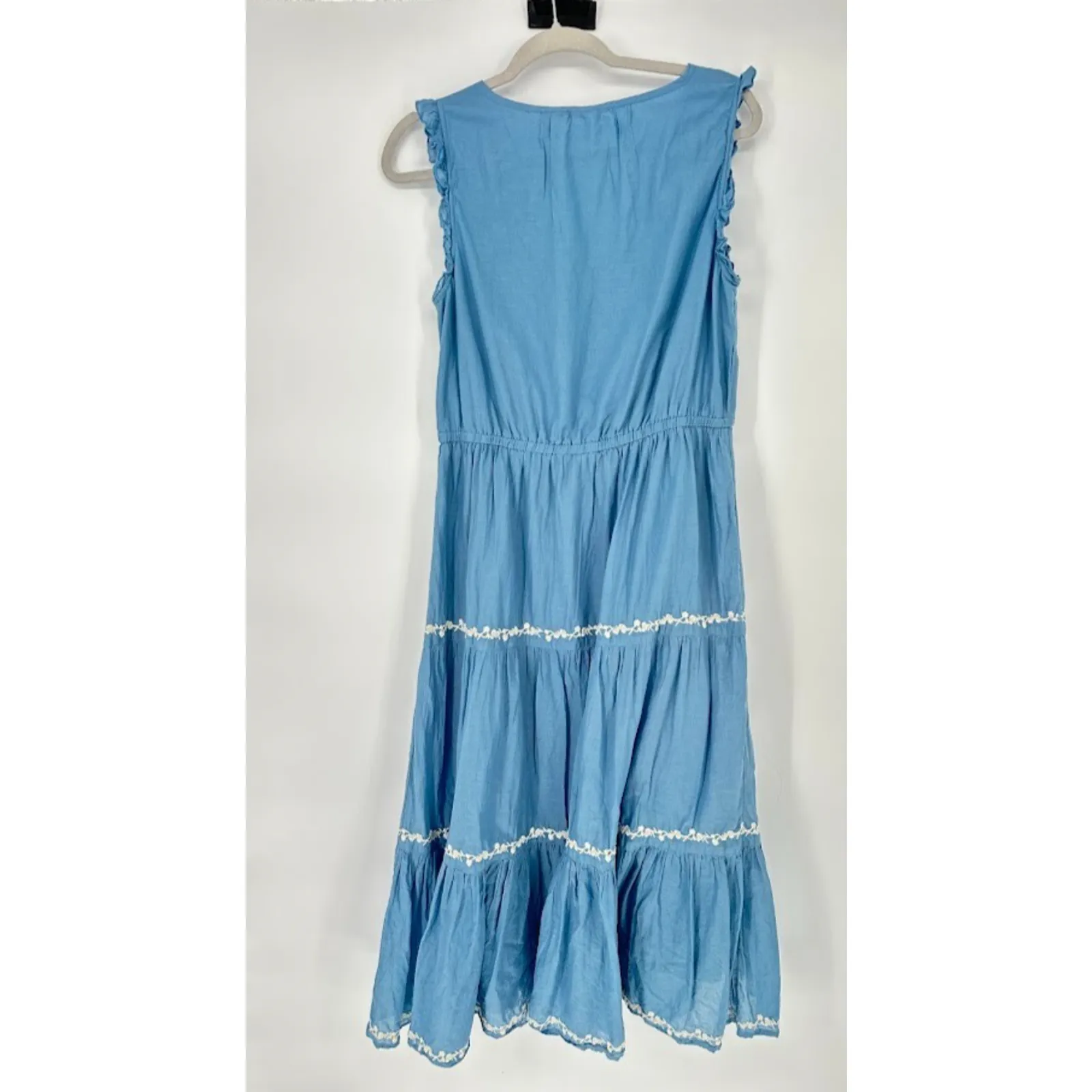 Lucky Brand Dress Sz M Blue Midi Floral Embroidered Tiered Ruffle Peasant Boho - Image 5