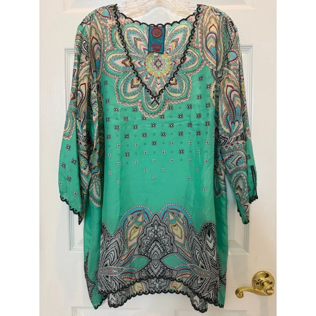 Johnny Was Green Silk Printed Tunic Blouse Size XXL - Image 5