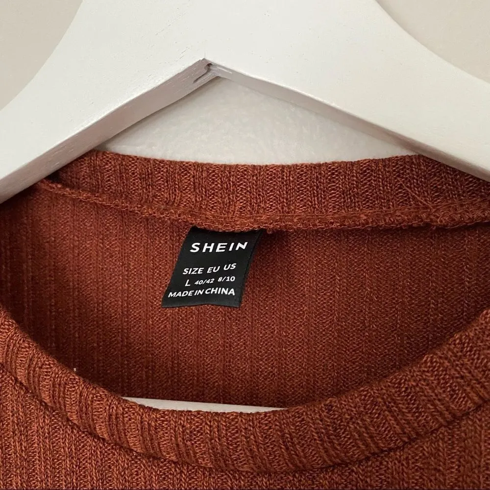 Shein Top Ribbed Long Sleeve Brown Business Casual Crewneck Trendy Cute Neutral - Image 5