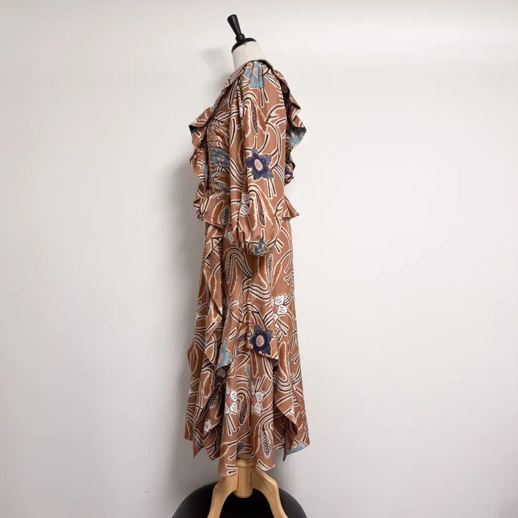 Ulla Johnson Copper Brown Ivory Floral Mariam One Shoulder Silk Midi Dress 12 - Image 5