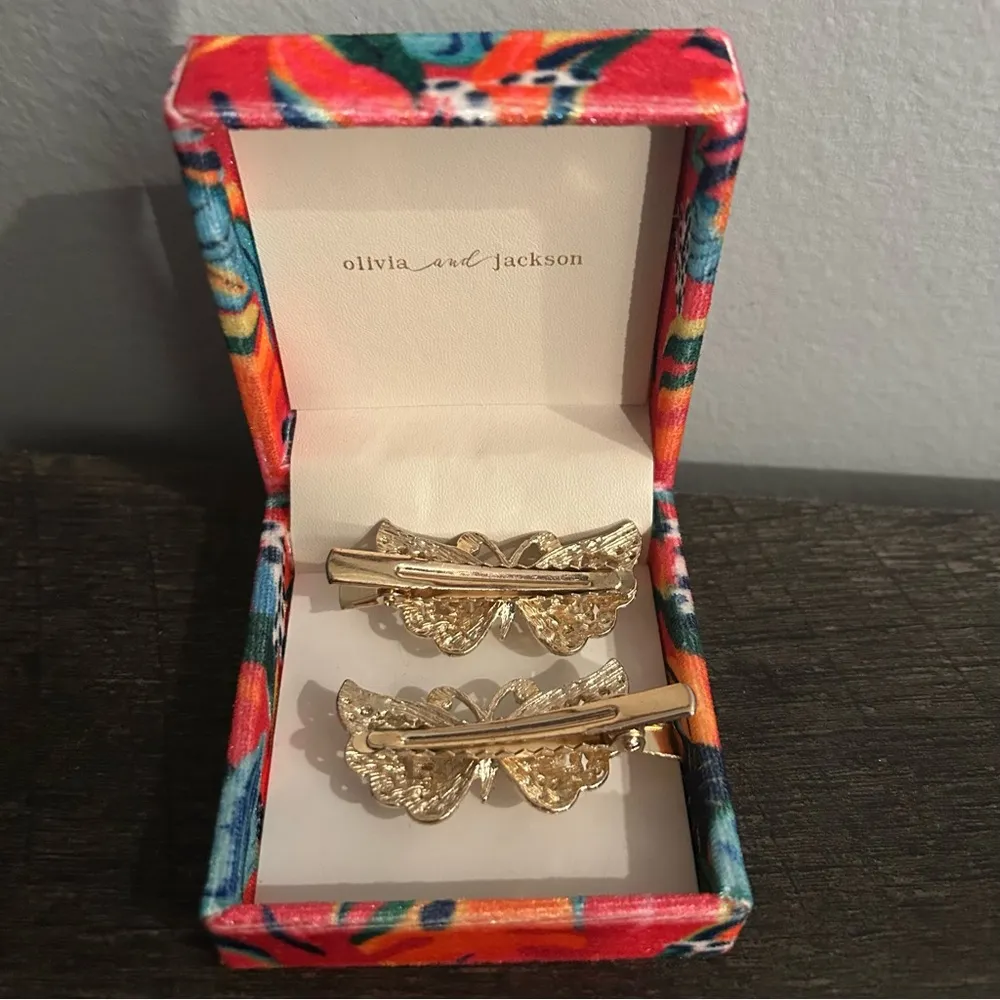 Vtg Sparkly RHINESTONE FAUX PEARL BUTTERFLY Clips - Image 3