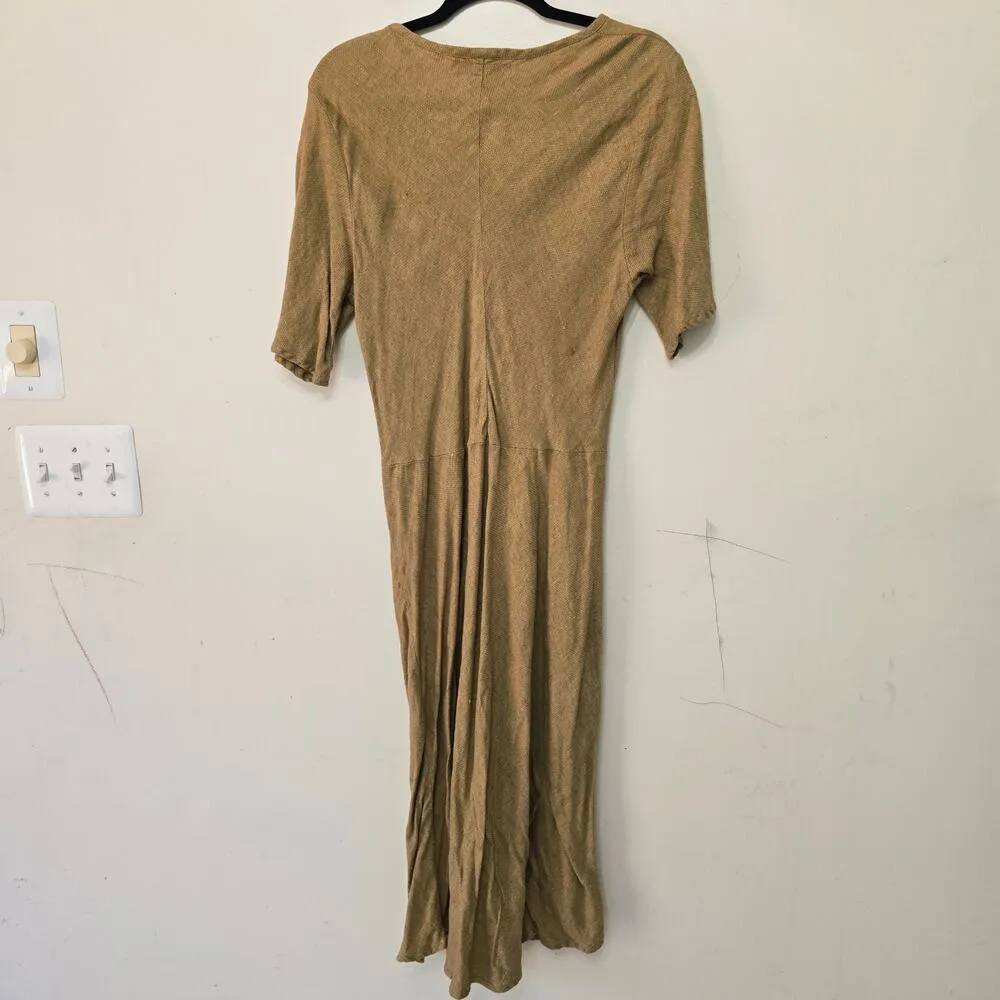 Flax Fit and Flare Midi Brown Linen Short Sleeves Dress Women's Size M - Image 2