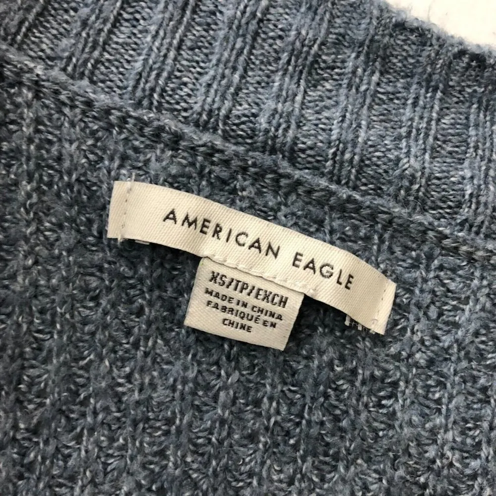 American Eagle Womens Tunic Sweater V Neck Chunky Knit Striped Blue White XS - Image 3