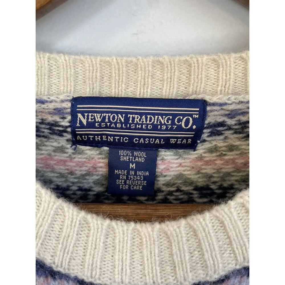 Newton Trading Co 100% Wool Shetland M North Isle Sweater Pink Blue EUC Warm Top Size M - Image 4