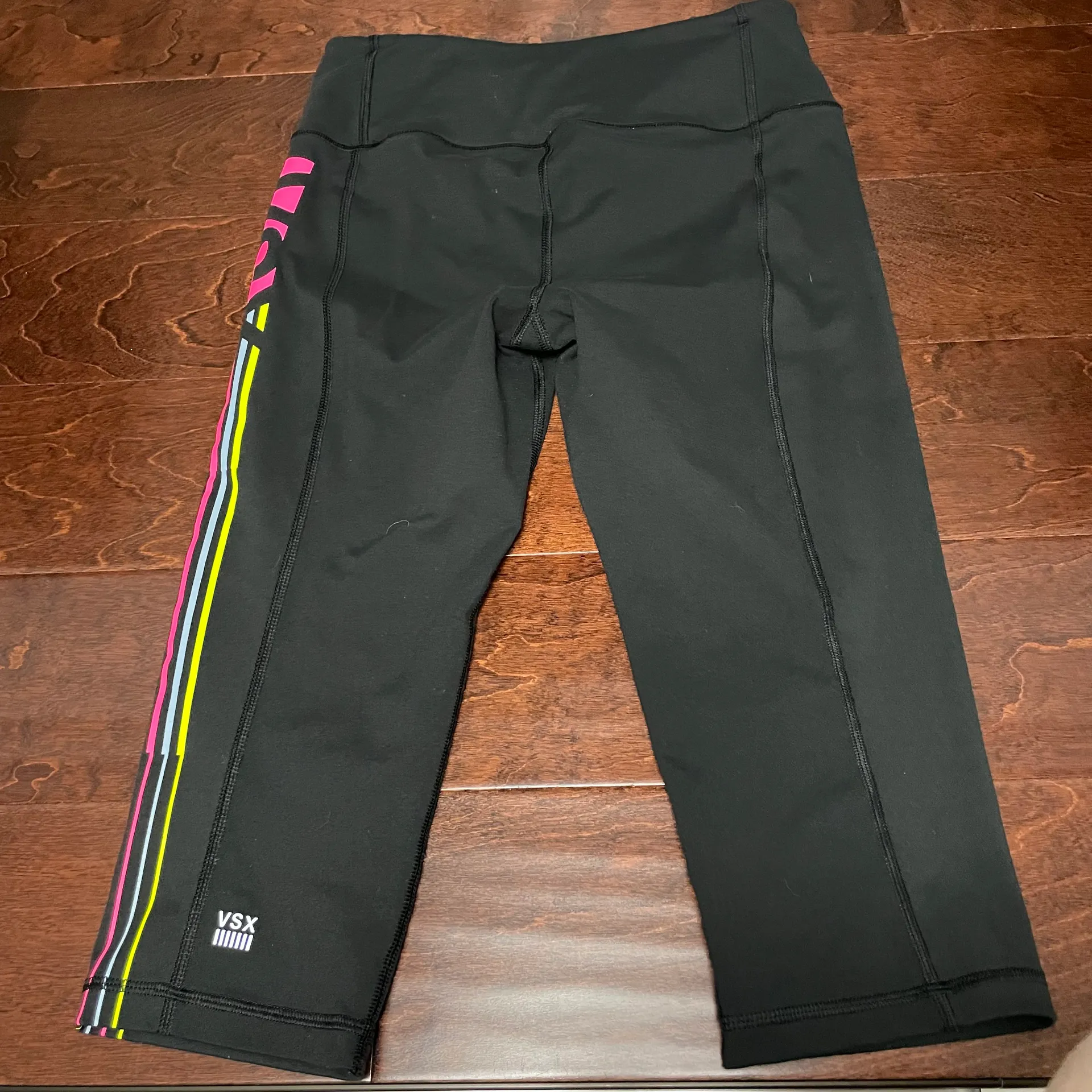 Victoria's Secret  Sport VSX Capri Leggings Black Neon Pink Yellow and Blue Small - Image 2